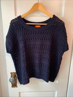Navy Openwork Cotton Knit Pullover